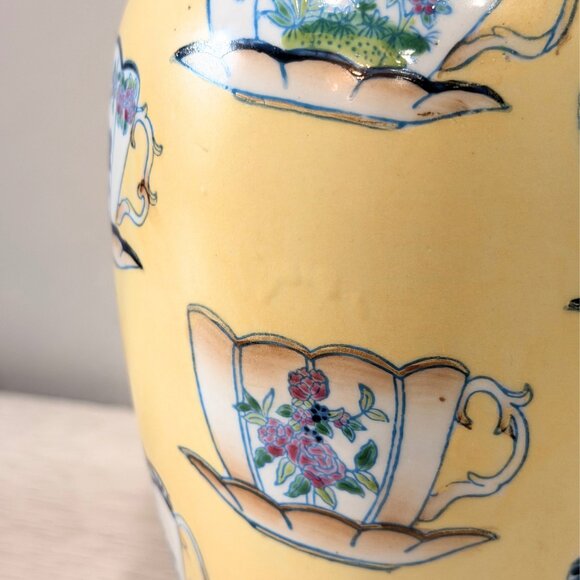 Vintage Large 12.5” HAND PAINTED Teacup Yellow VASE ORIENTAL ACCENTS Chinoiserie - Picture 4 of 11